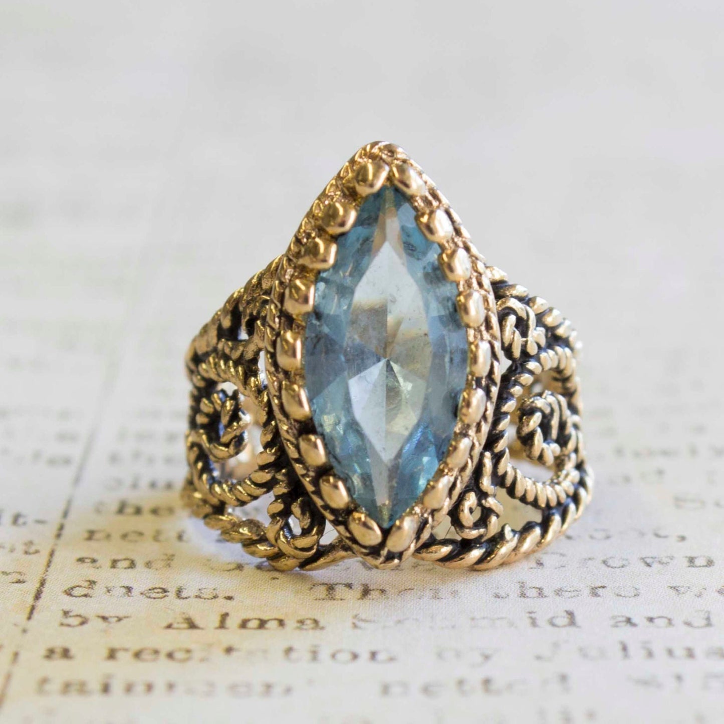 Vintage Ring Filigree Edwardian Style Ring Aquamarine Swarovski Crystal Antique 18k Gold #R1444 - Limited Stock - Never Worn