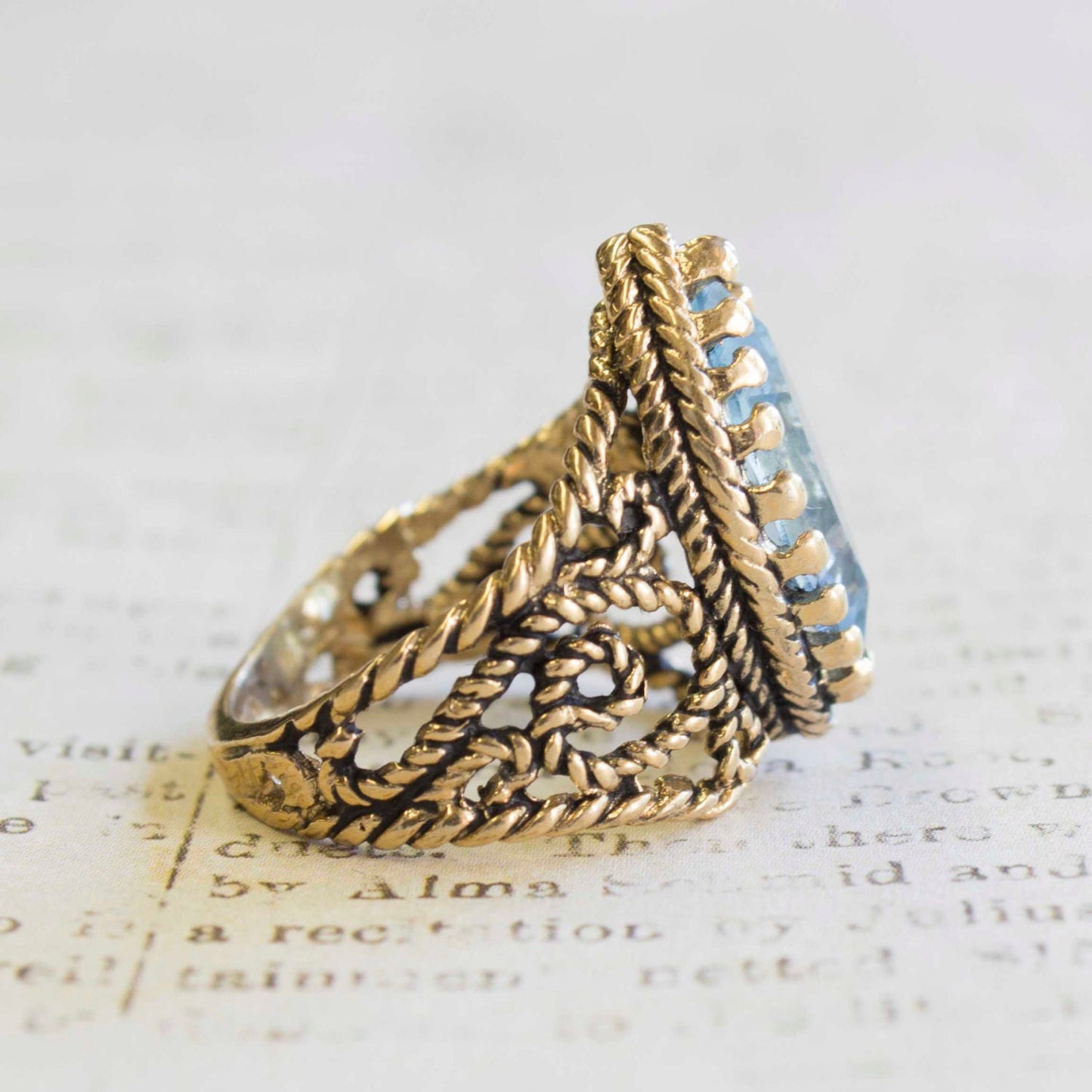 Vintage Ring Filigree Edwardian Style Ring Aquamarine Swarovski Crystal Antique 18k Gold #R1444 - Limited Stock - Never Worn