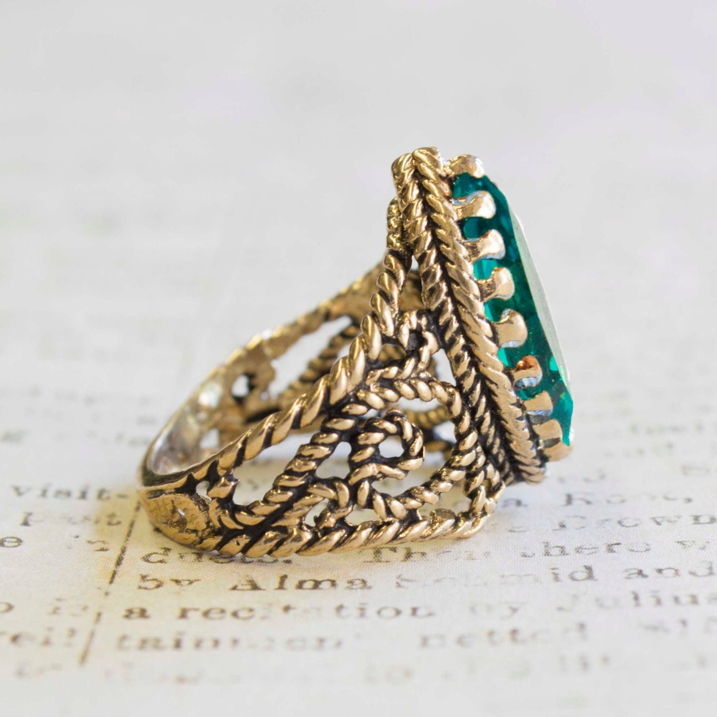 Vintage Ring Emerald Swarovski Crystal Antique 18k Gold Filigree Edwardian Style Womans Victorian Jewelry R1444 - Limited Stock - Never Worn