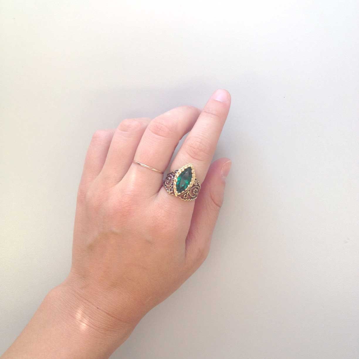 Vintage Ring Emerald Swarovski Crystal Antique 18k Gold Filigree Edwardian Style Womans Victorian Jewelry R1444 - Limited Stock - Never Worn