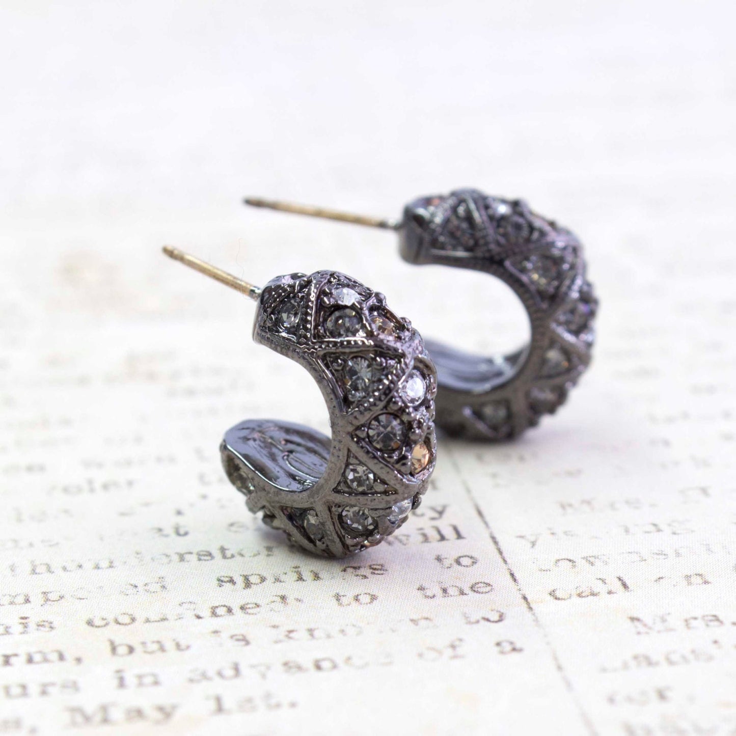 Vintage Earrings Oscar De La Renta Hematite Plated Open Post Hoop Earrings set with Swarovski Crystals #OS140