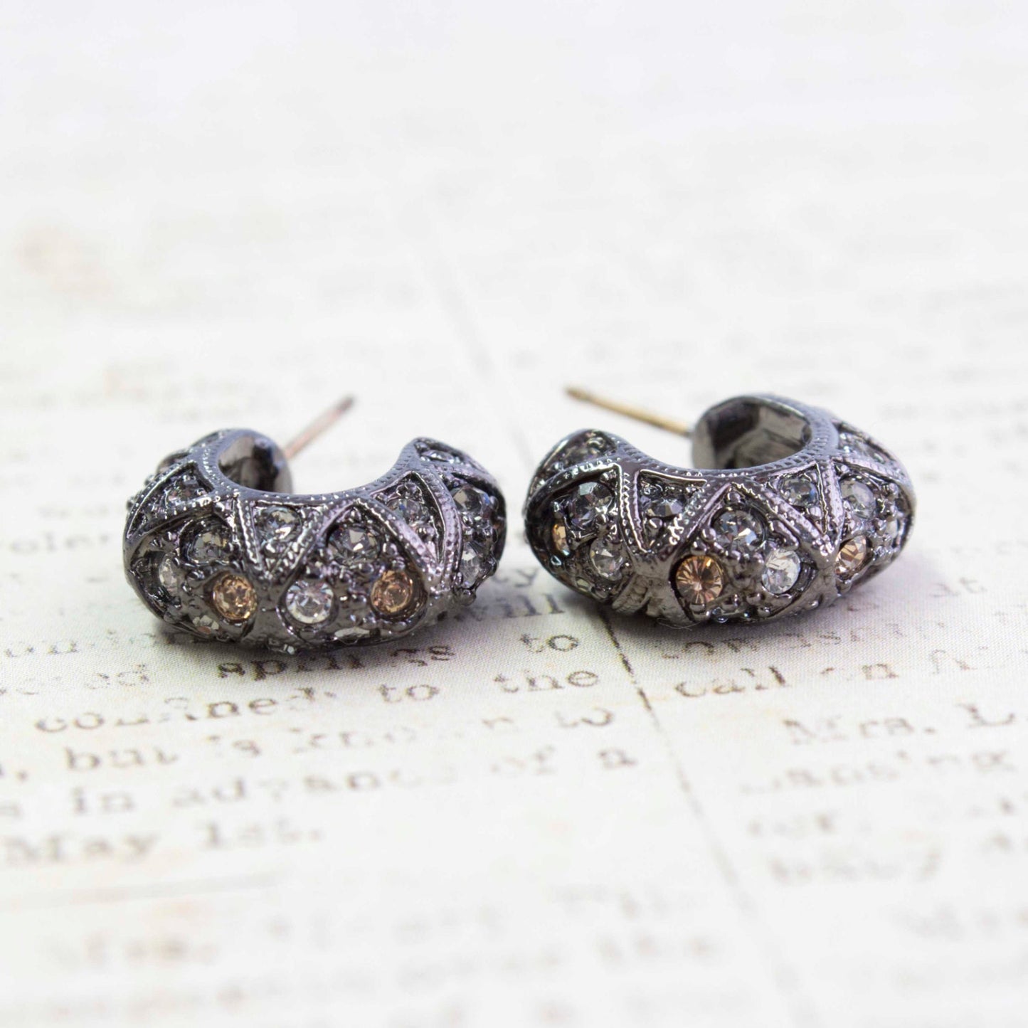 Vintage Earrings Oscar De La Renta Hematite Plated Open Post Hoop Earrings set with Swarovski Crystals #OS140