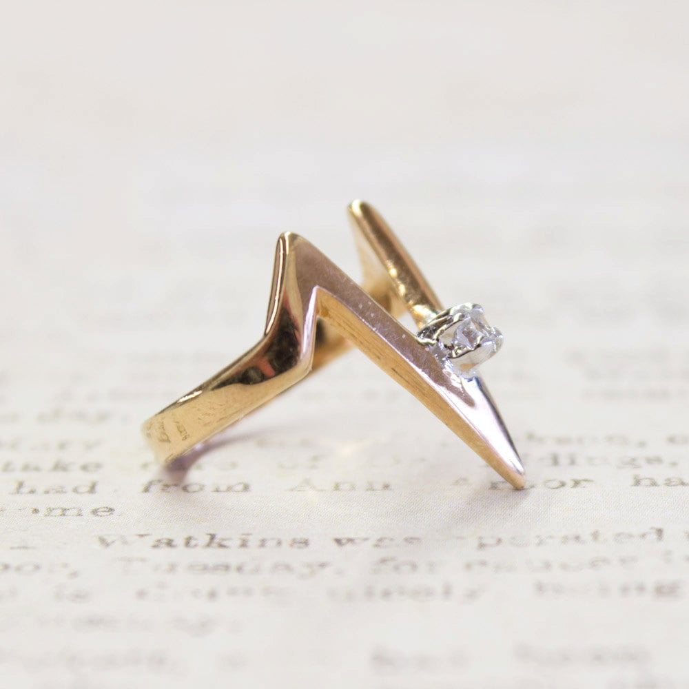 A Vintage 1980s Cubic Zirconia Ring V Shaped 18k Yellow Gold Electroplated MidCentury Modern Boho Womans Rings Jewelry April #R1093