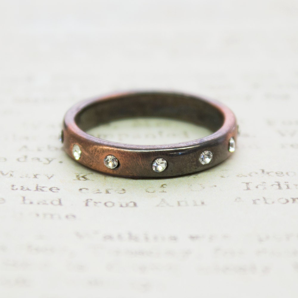 Vintage Ring 1980s Brushed Oxidized Rose Gold Stacking Ring Band Swarovski Crystals #R3888 - Limited Stock - Never Worn