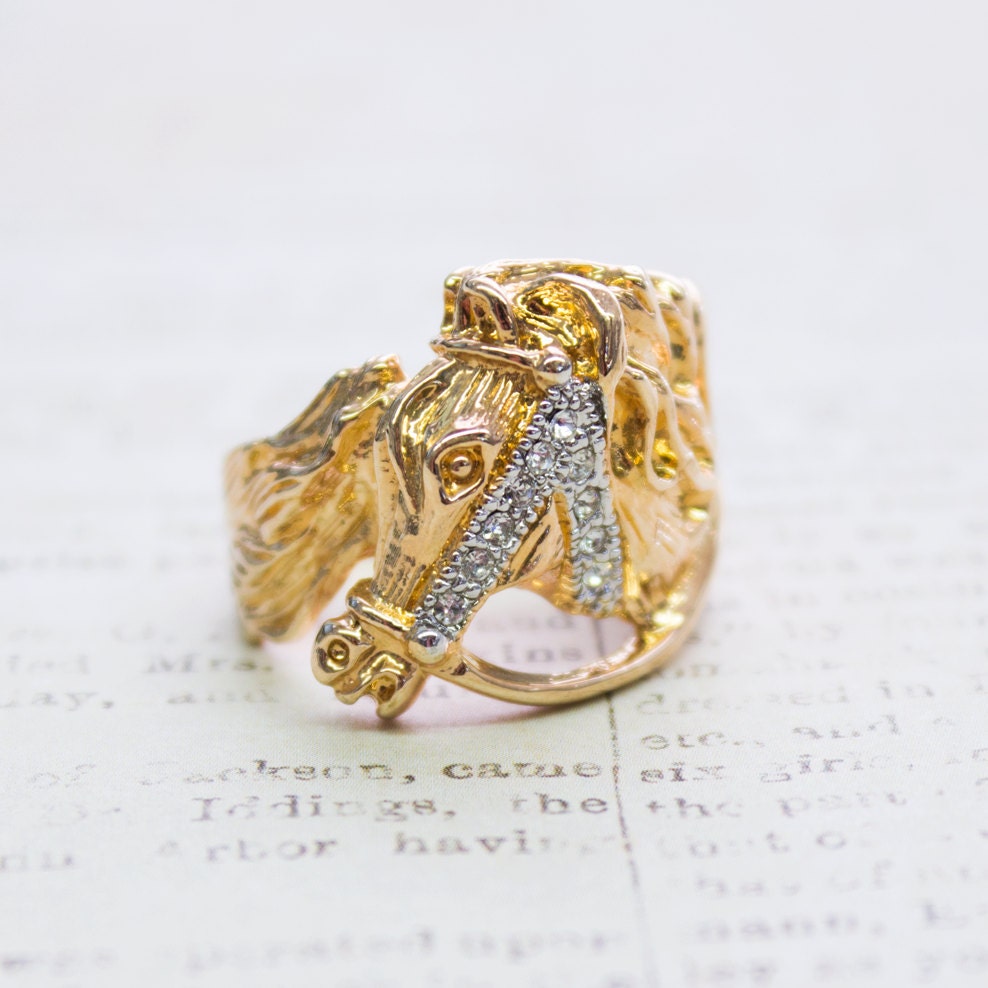 Vintage Ring 1970s Horse Head Ring with Austrian Crystals 18k Gold Handmade Womans Mens Jewlery Equestrian Size: 10