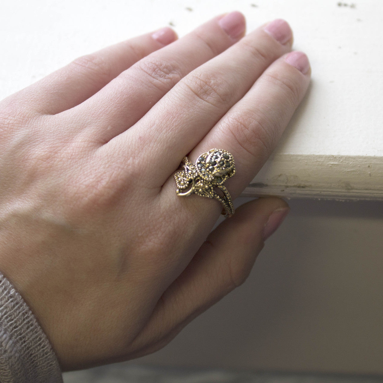 Vintage Genuine Marcasite Rose Ring - Antique 18k Yellow Gold Electroplated - Made in USA