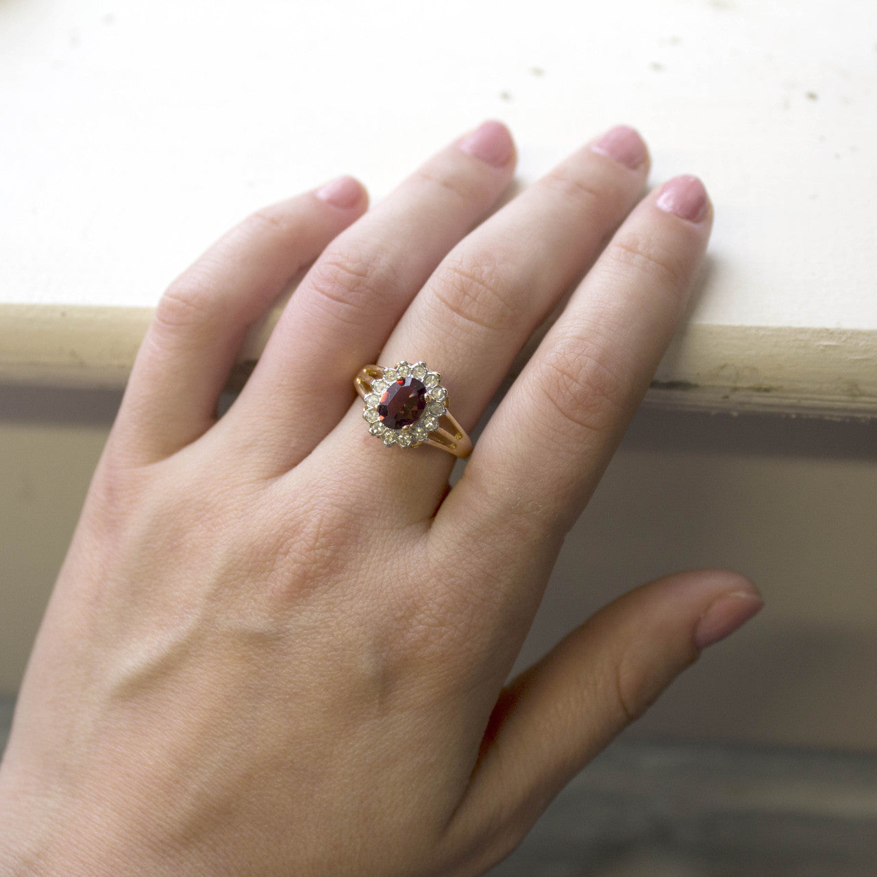 Vintage Ruby Austrian Crystal Ring - Clear Austrian Crystals - 18kt Yellow Gold Electroplated - July Birthstone - Made in the USA