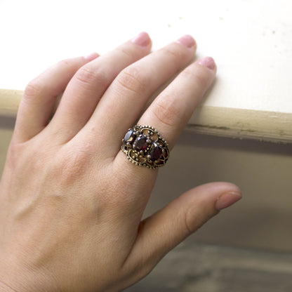Vintage Garnet Austrian Crystal Cocktail Ring - 18kt Yellow Gold Electroplated - January Birthstone -  Made in the USA