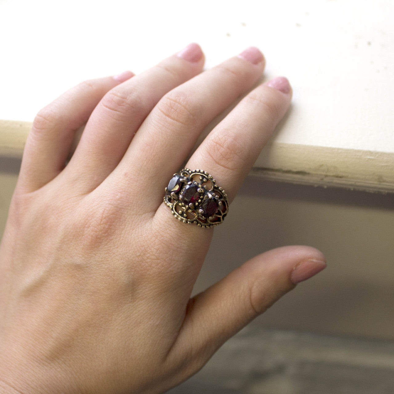 Vintage Garnet Austrian Crystal Cocktail Ring - 18kt Yellow Gold Electroplated - January Birthstone - Made in the USA