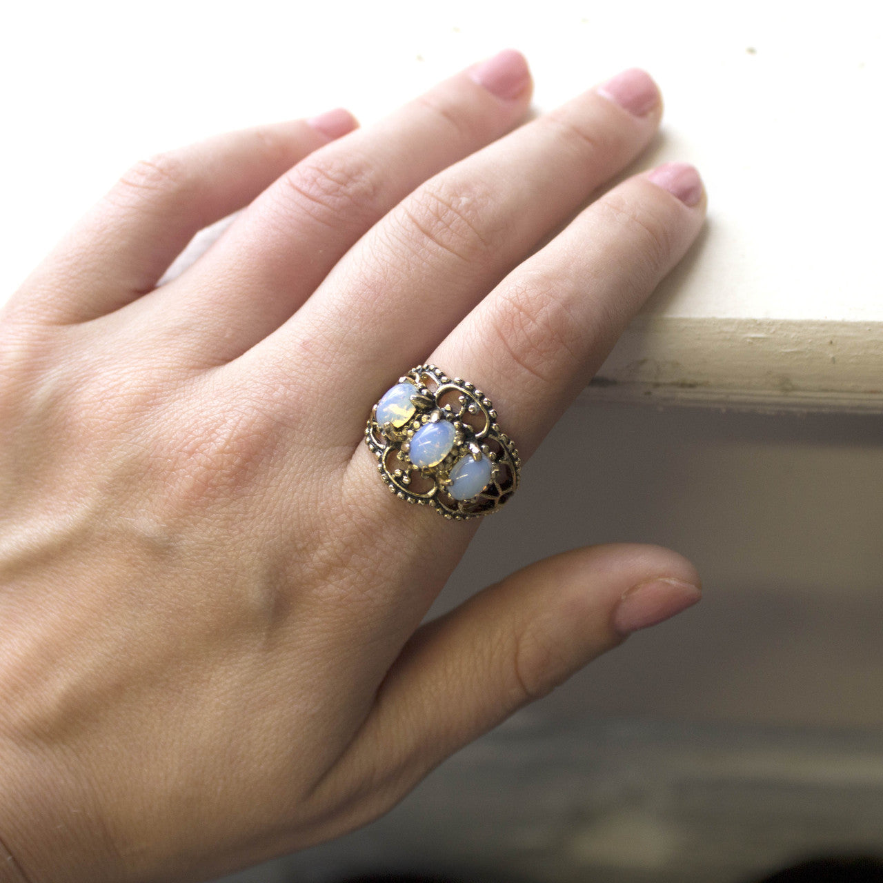 Vintage Pinfire Opal Cabochon Stones Cocktail Ring - 18kt Yellow Gold Electroplated - October Birthstone - Made in the USA