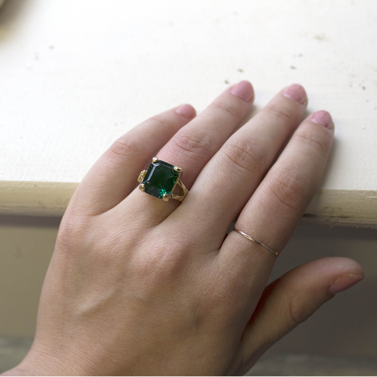 Vintage Ring Emerald Cut Emerald Austrian Crystal 18kt Gold Electroplated Ring Made in the USA May Birthstone