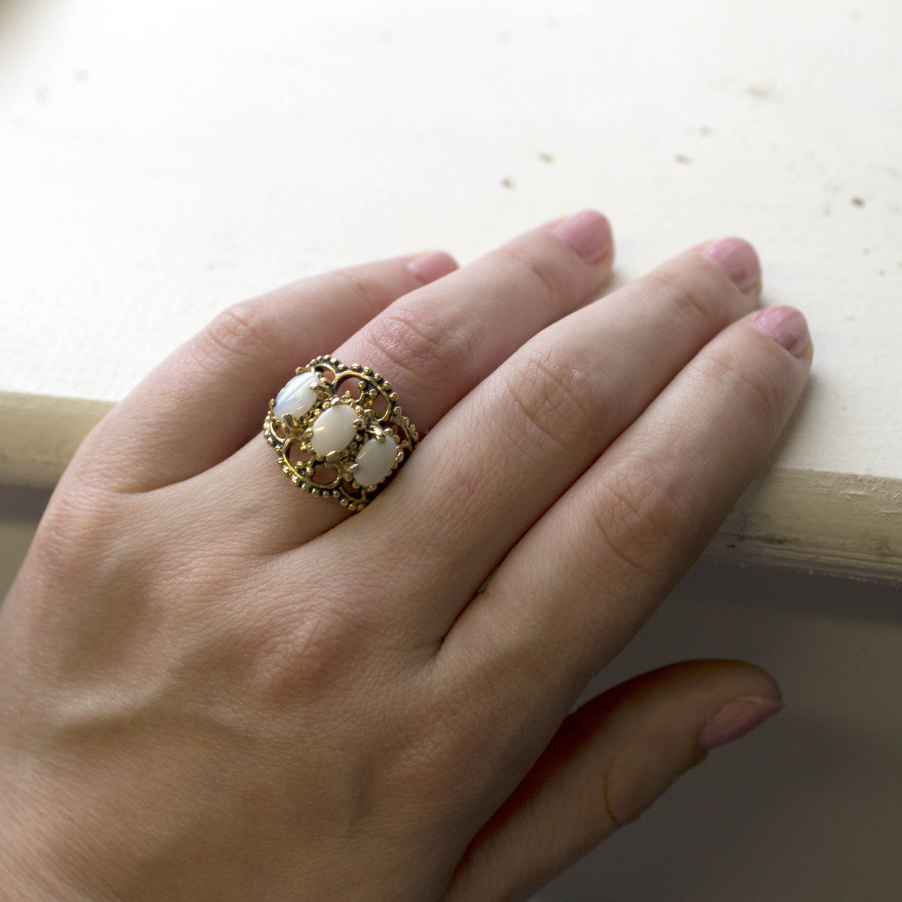 Vintage Genuine Opal Cabochon Stones Cocktail Ring - 18kt Yellow Gold Electroplated - October Birthstone - Made in the USA
