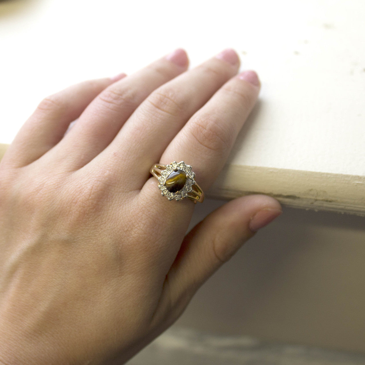 Vintage Genuine Tiger Eye Ring - Clear Austrian Crystals - 18k Yellow Gold Electroplated - Made in the USA