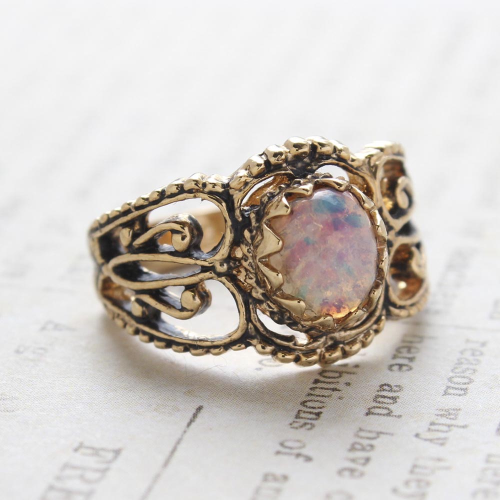 Vintage Harlequin Opal Ring - Antique 18kt Yellow Gold Electroplating - Made in the USA