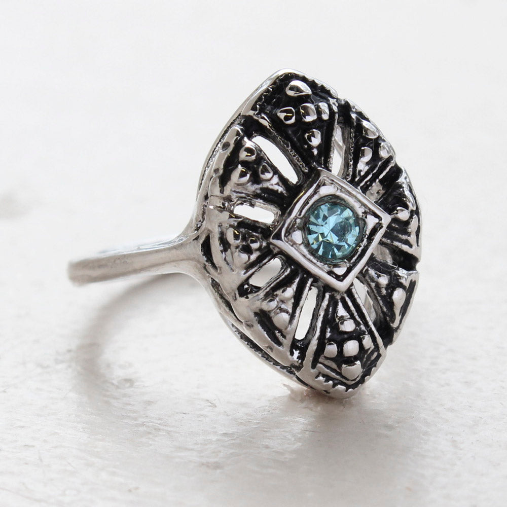 Vintage Aquamarine Austrian Crystal Cocktail Ring - Antiqued 18k White Gold Electroplated - March Birthstone - Made in the USA
