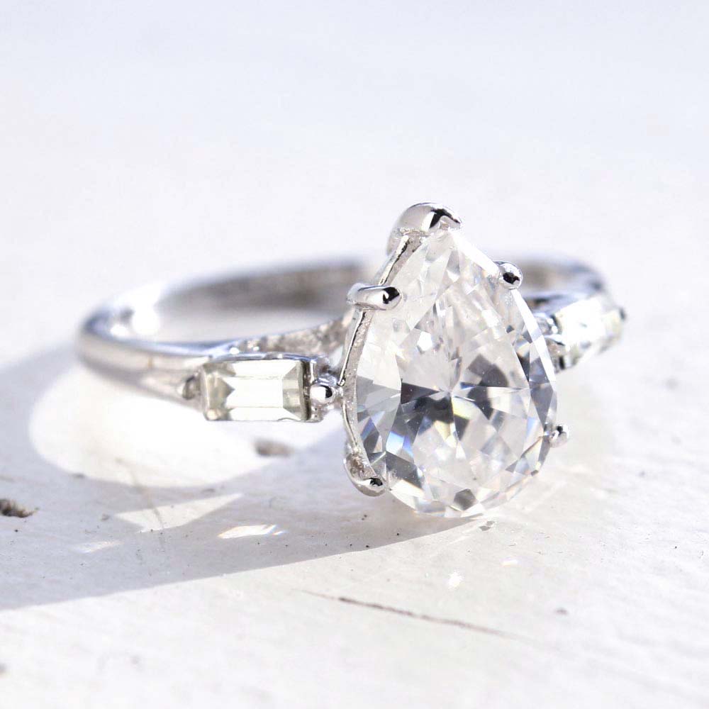 Vintage Ring Pear Cubic Zirconia Engagement Style Ring 18k White Gold Silver Antique Womans Engagement R1897 Size: 10
