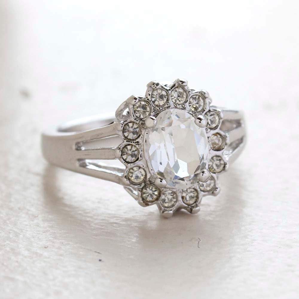 Vintage Clear Austrian Crystal Ring - 18k White Gold Electroplated - April Birthstone - Made in the USA