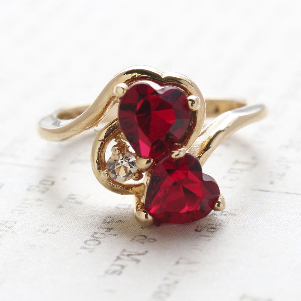 Vintage Ring Cubic Zirconia Double Heart Ring 18k Gold Antique Womans Handmade Jewelry R2342