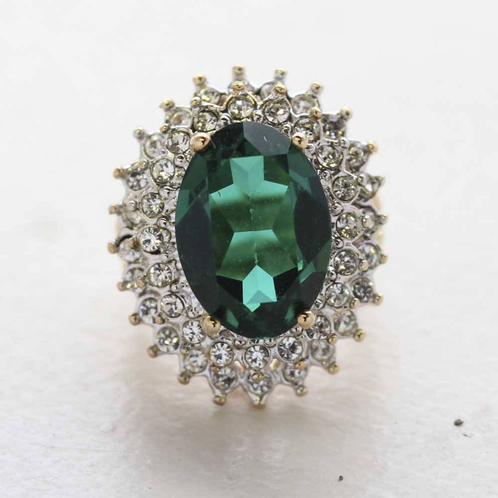 Vintage Jewelry Emerald Cubic Zirconia and Clear Crystal Cocktail Ring in 18kt Gold Electroplate Made in the USA