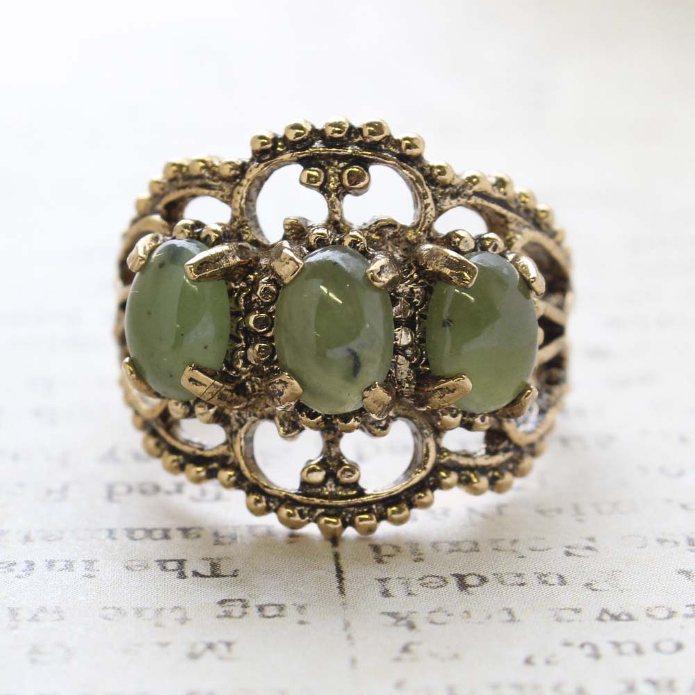 Vintage Genuine Jade Cabochon Stones Cocktail Ring - 18kt Yellow Gold Electroplated - Made in the USA