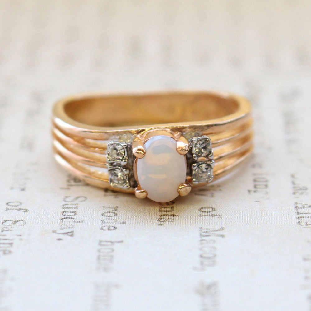 Vintage Genuine Jelly Opal Ring - Clear Crystal Accents - 18kt Yellow Gold Electroplated - October Birthstone - Made in the USA