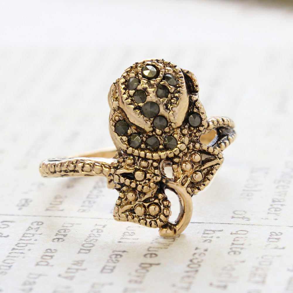 Vintage Genuine Marcasite Rose Ring - Antique 18k Yellow Gold Electroplated - Made in USA