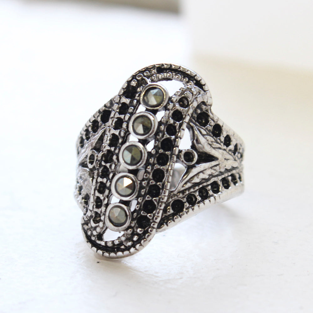 Vintage Genuine Marcasite Filigree Ring - Antique 18k White Gold Electgroplated - Made in USA