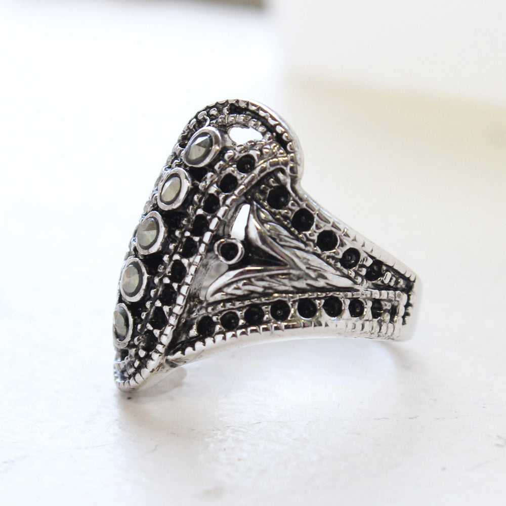 Vintage Genuine Marcasite Filigree Ring - Antique 18k White Gold Electgroplated - Made in USA