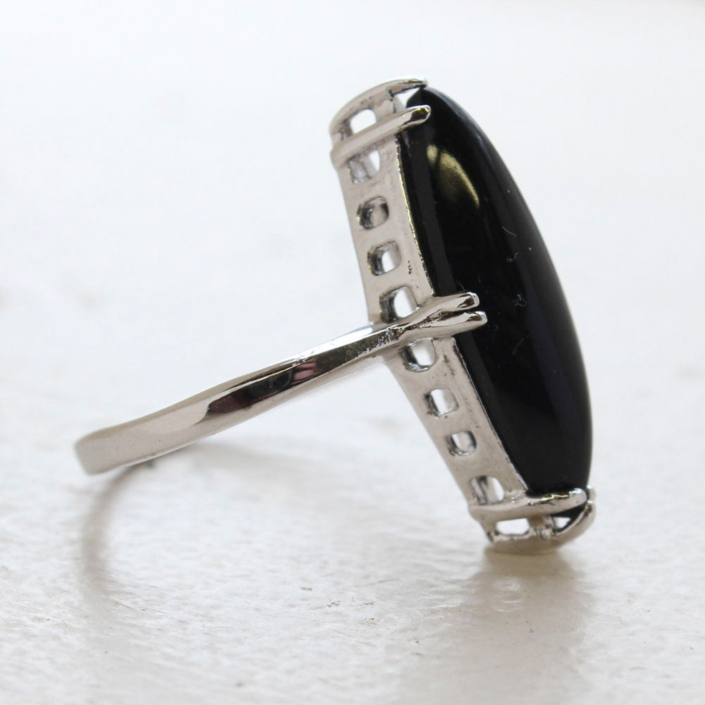 Vintage Genuine Onyx Ring - 18k White Gold Electroplated - Made in USA