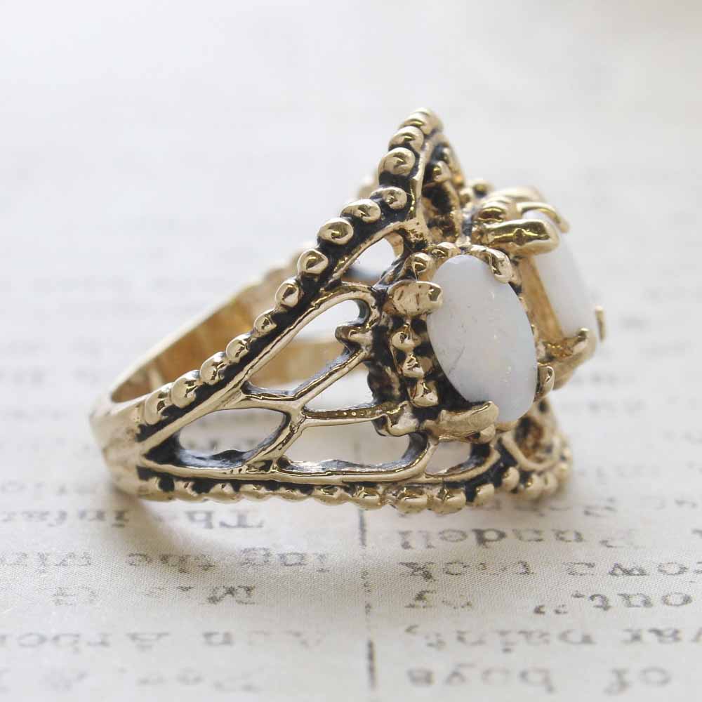 Vintage Genuine Opal Cabochon Stones Cocktail Ring - 18kt Yellow Gold Electroplated - October Birthstone - Made in the USA