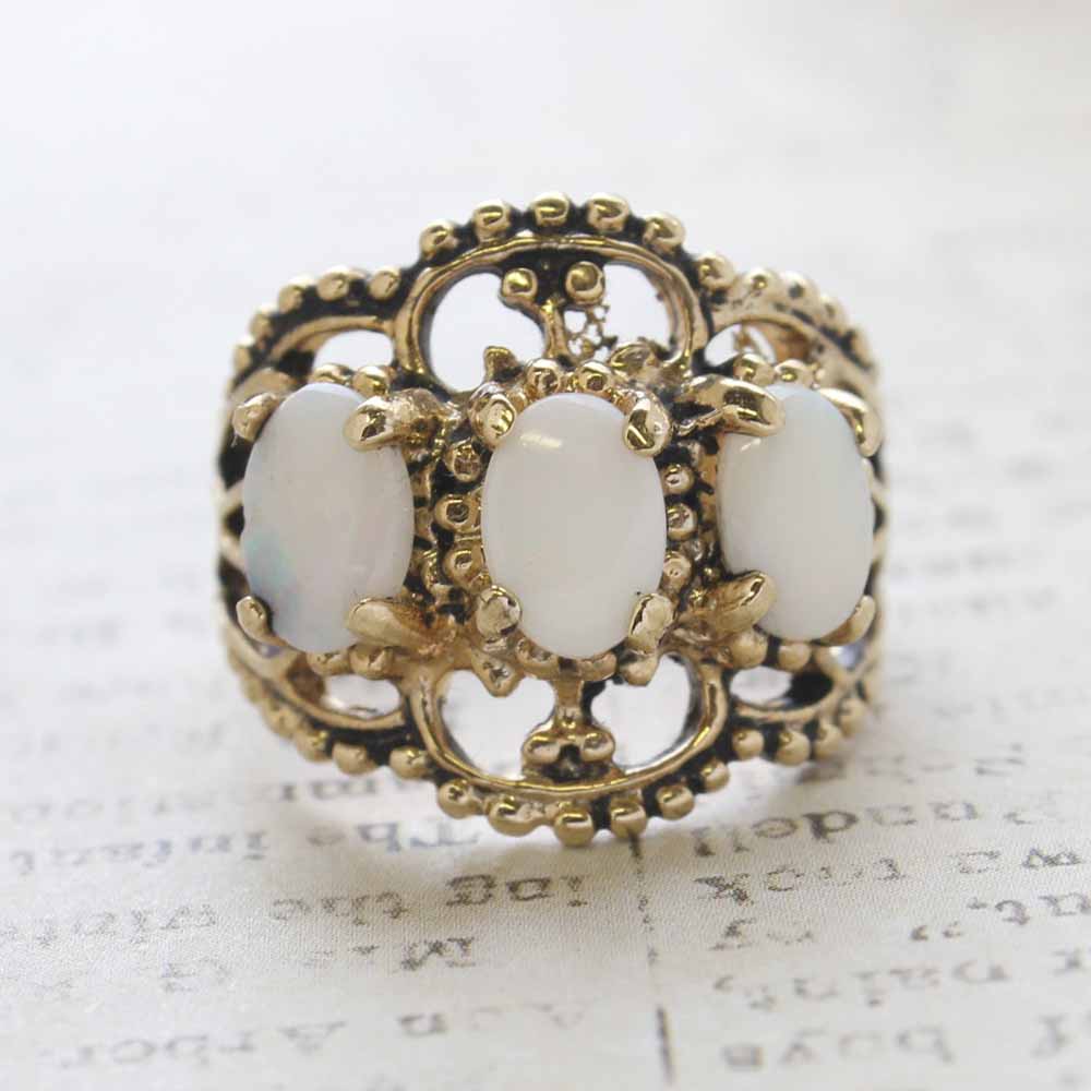 Vintage Genuine Opal Cabochon Stones Cocktail Ring - 18kt Yellow Gold Electroplated - October Birthstone - Made in the USA