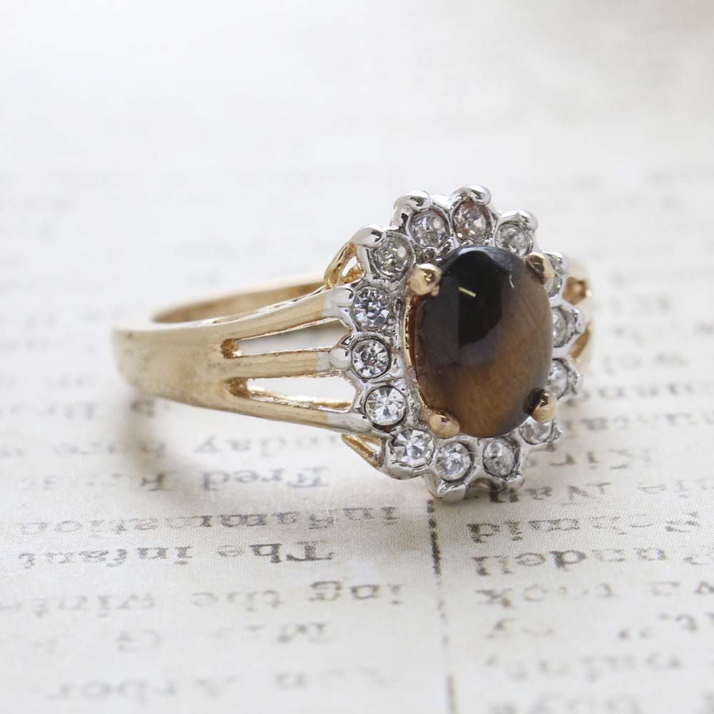 Vintage Genuine Tiger Eye Ring - Clear Austrian Crystals - 18k Yellow Gold Electroplated - Made in the USA