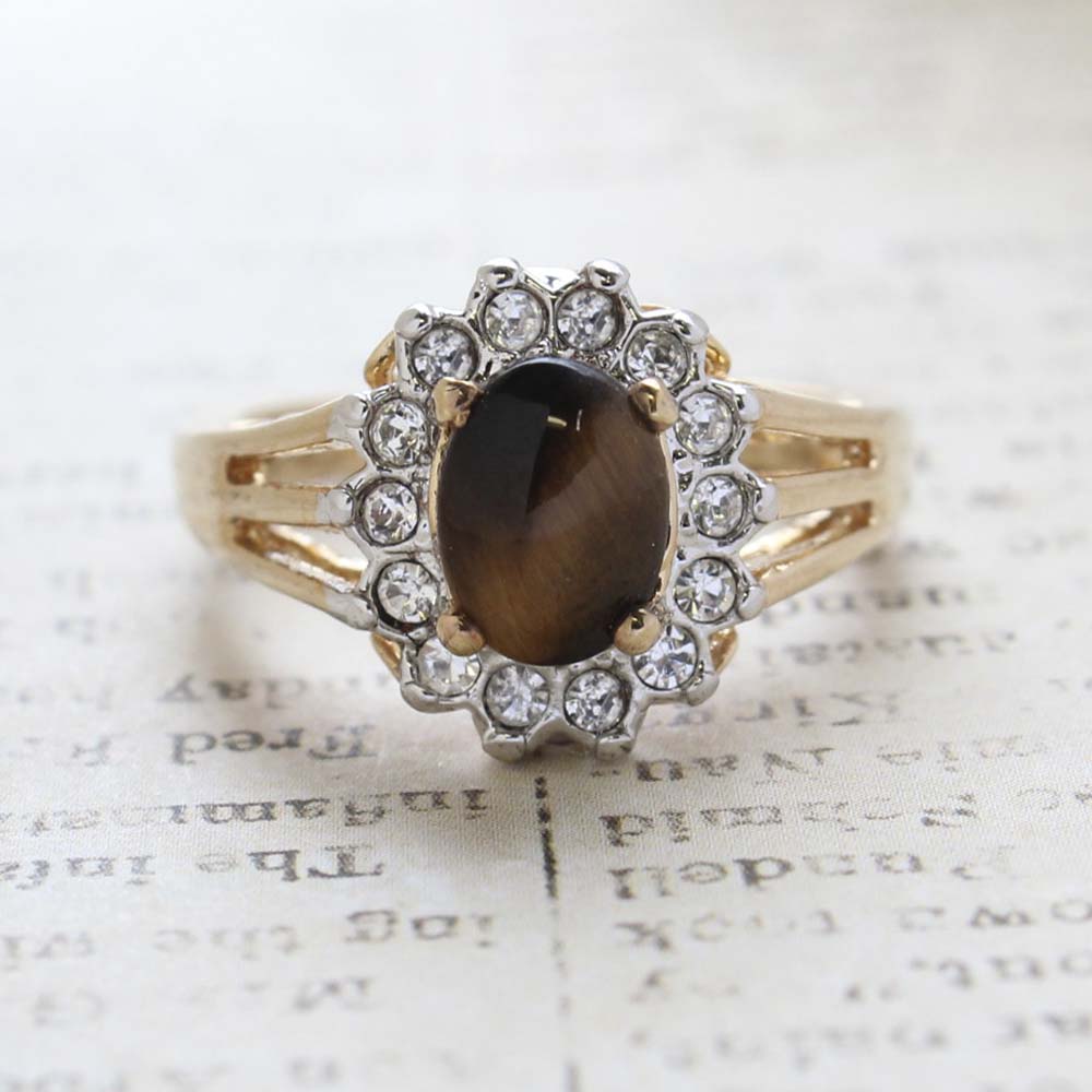 Vintage Genuine Tiger Eye Ring - Clear Austrian Crystals - 18k Yellow Gold Electroplated - Made in the USA