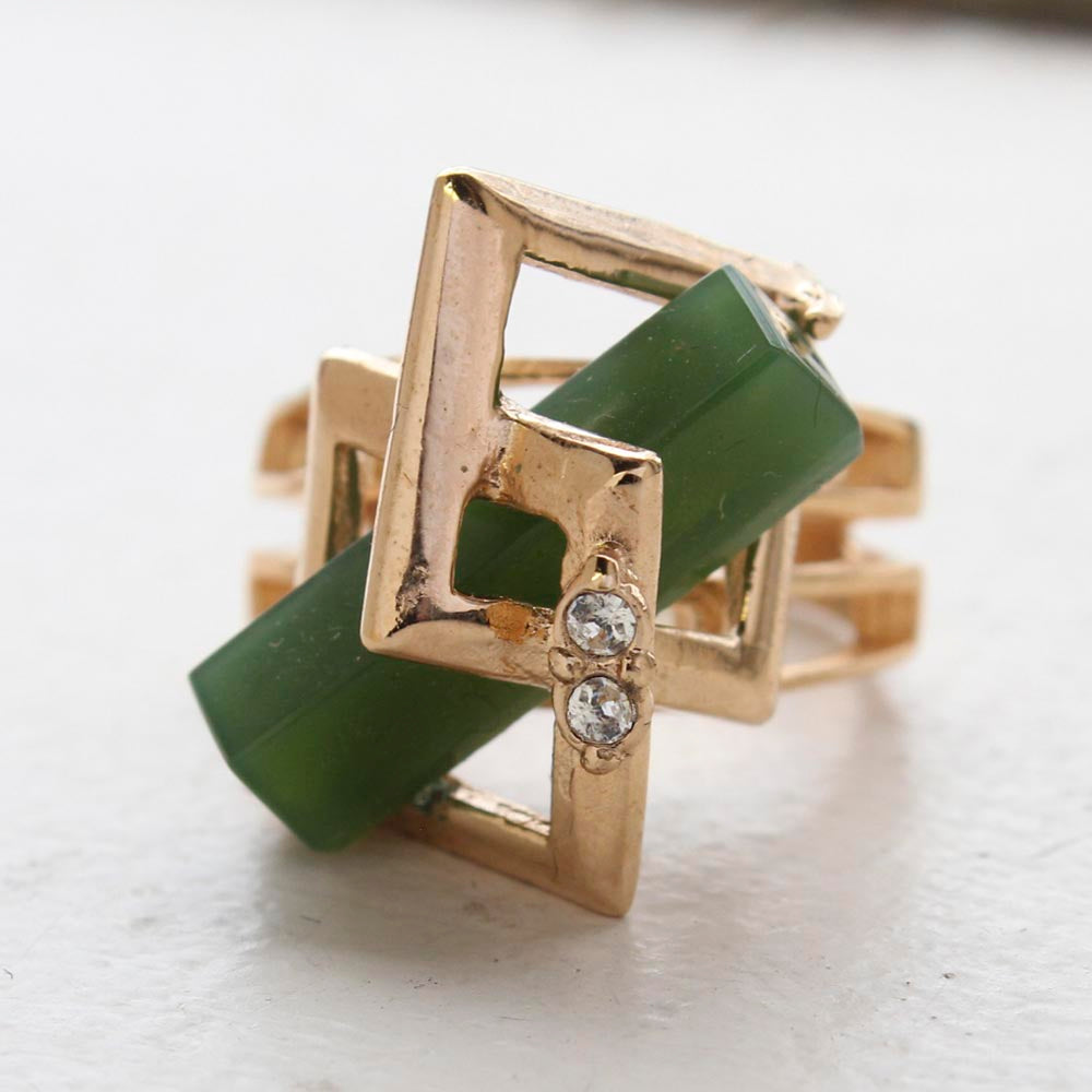 Vintage Ring Retro Glass Jade Clear Crystals 18k Gold Cocktail Ring Antique Womans Jewelry Jade Rings #R368 Size: 5