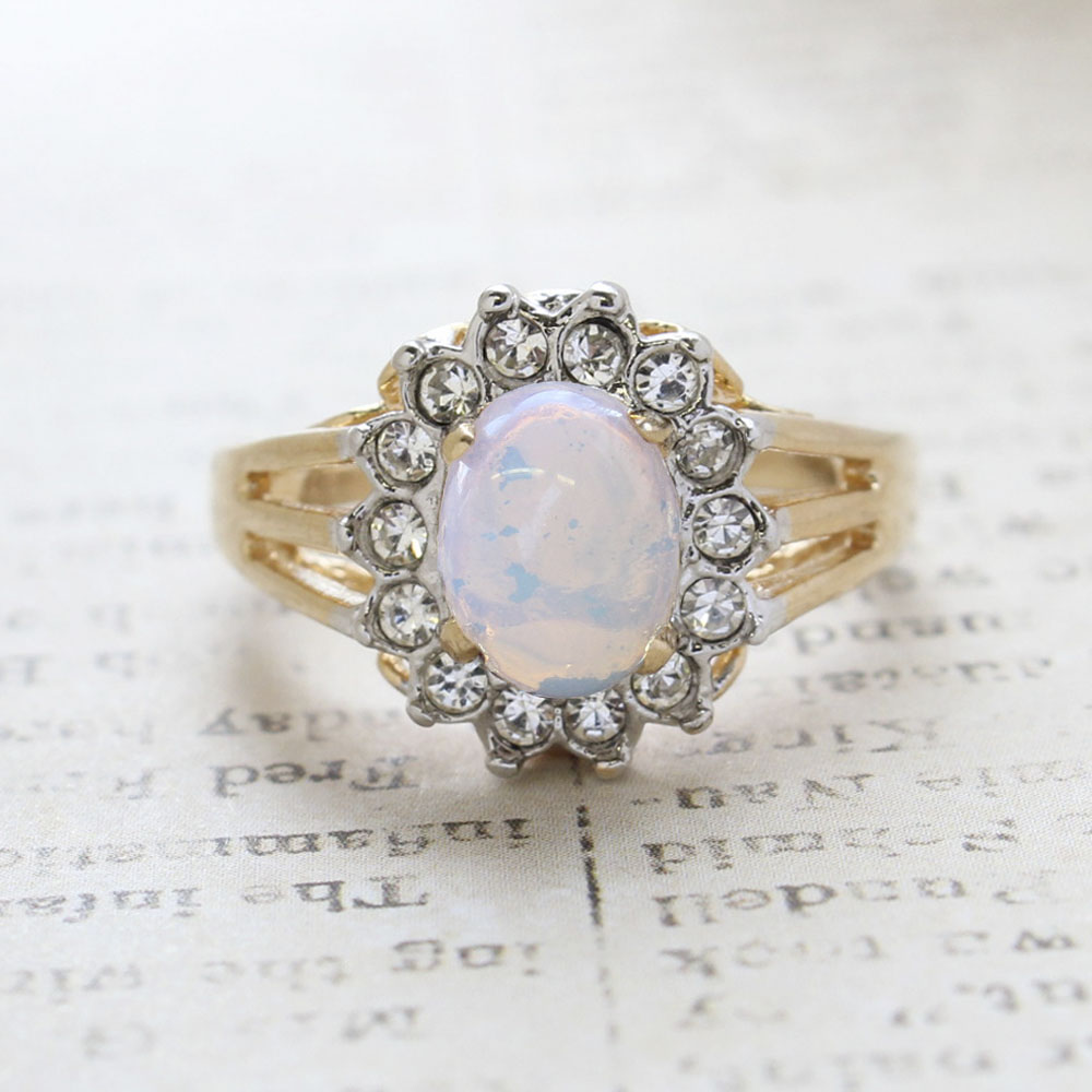 Vintage Pinfire Opal Ring - Clear Austrian Crystals - 18k Yellow Gold Electroplated - October Birthstone - Made in the USA
