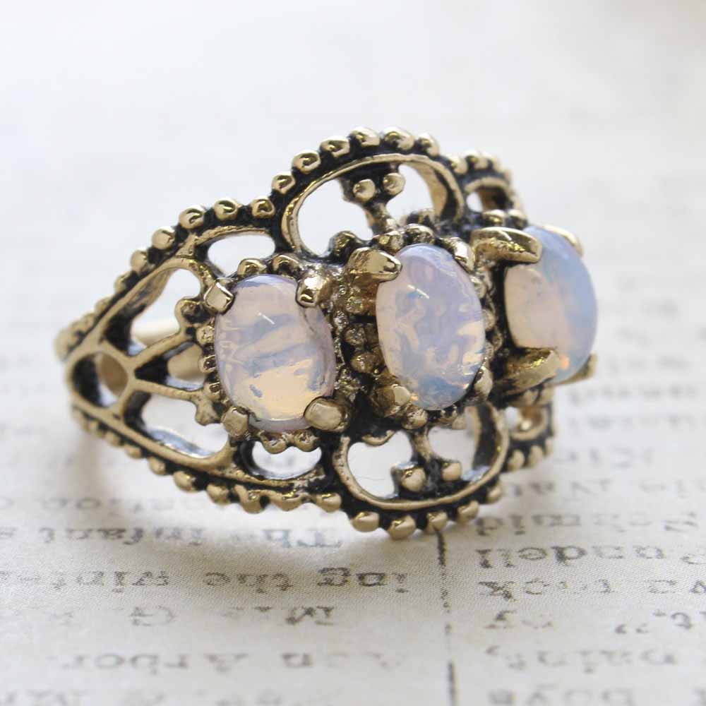 Vintage Pinfire Opal Cabochon Stones Cocktail Ring - 18kt Yellow Gold Electroplated - October Birthstone - Made in the USA