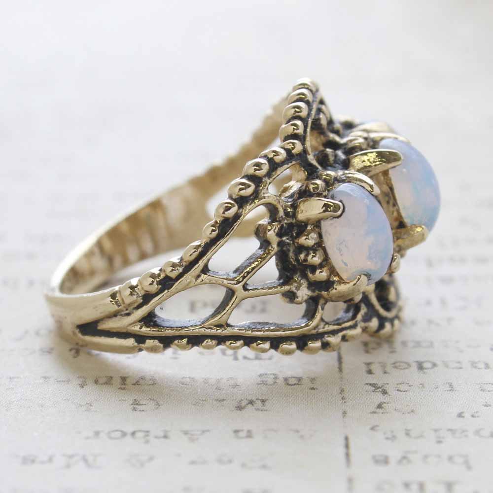 Vintage Pinfire Opal Cabochon Stones Cocktail Ring - 18kt Yellow Gold Electroplated - October Birthstone - Made in the USA