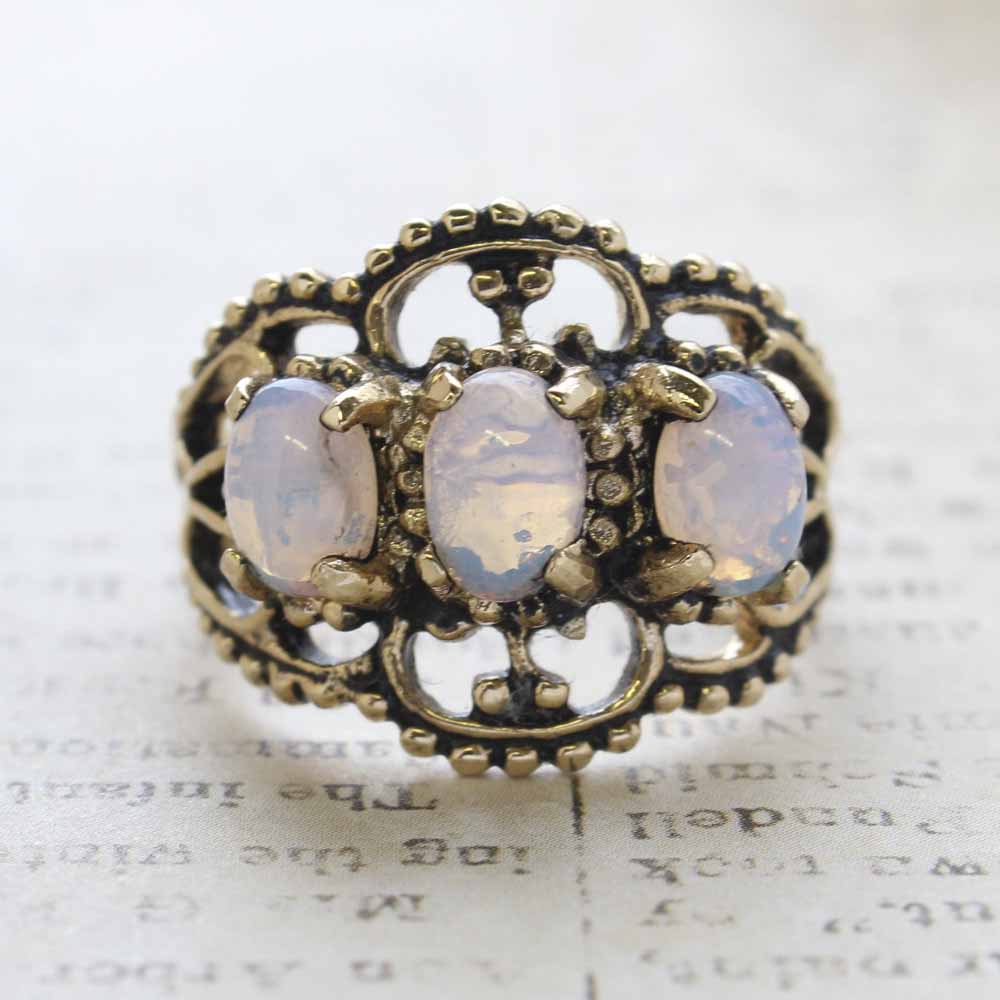 Vintage Pinfire Opal Cabochon Stones Cocktail Ring - 18kt Yellow Gold Electroplated - October Birthstone - Made in the USA