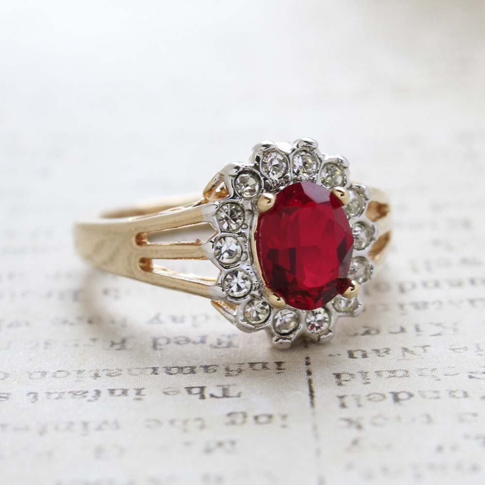 Vintage Ruby Austrian Crystal Ring - Clear Austrian Crystals - 18kt Yellow Gold Electroplated - July Birthstone - Made in the USA