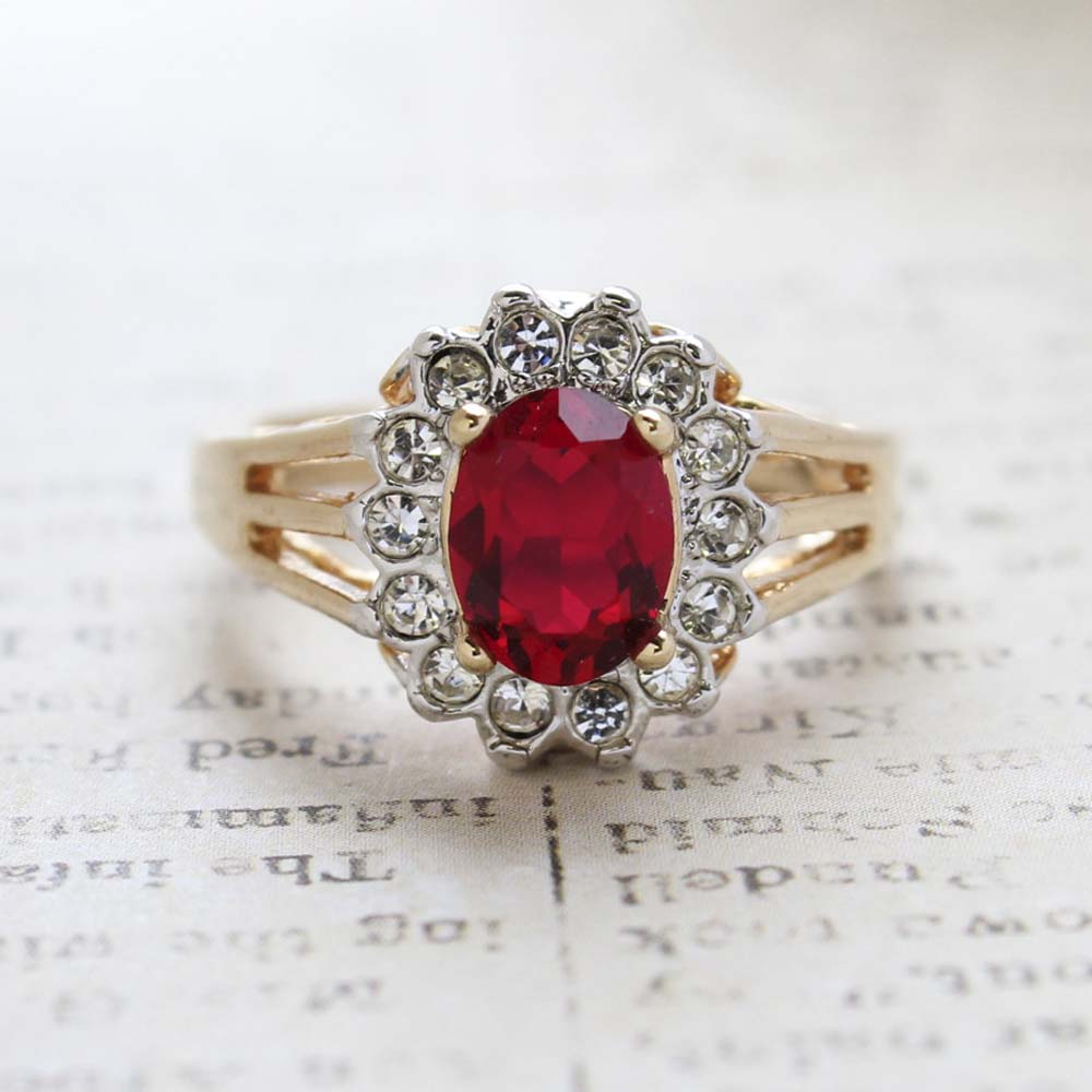 Vintage Ruby Austrian Crystal Ring - Clear Austrian Crystals - 18kt Yellow Gold Electroplated - July Birthstone - Made in the USA