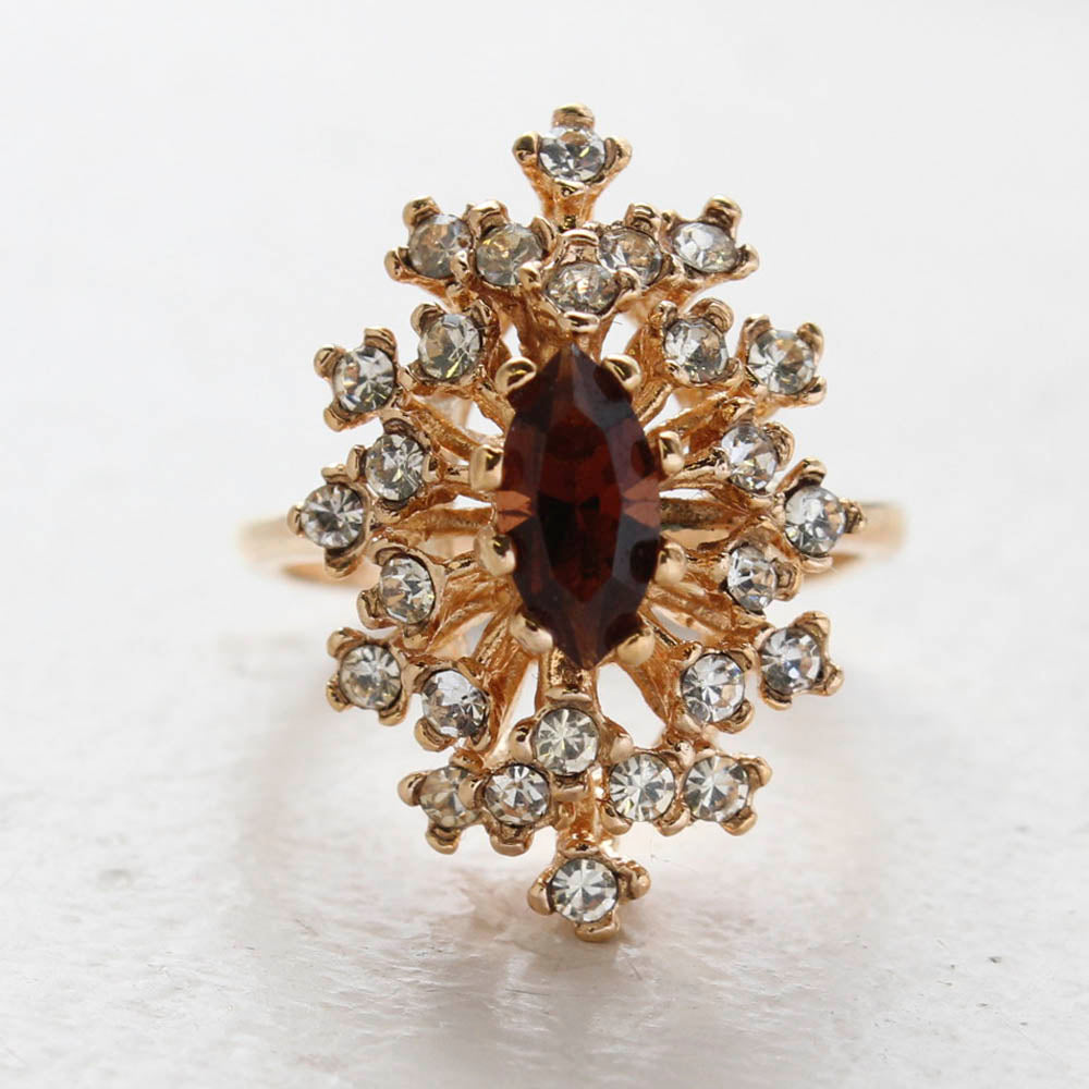 Vintage Ring Smoky Topaz Crystal Surrounded by Clear Austrian Crystals Cocktail Ring 18kt Yellow Gold Electroplated Made in USA