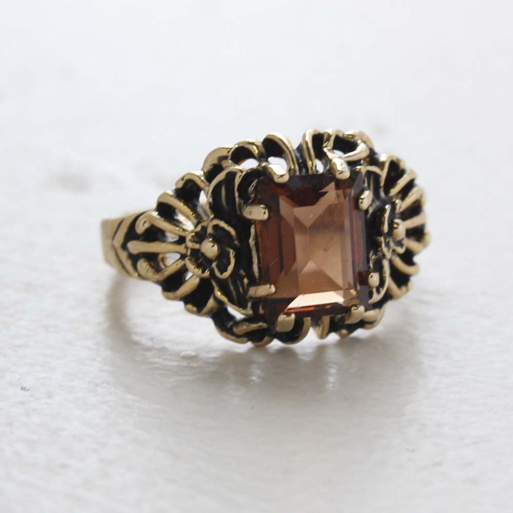 (required)
Vintage Ring Emerald Cut Smokey Topaz Cz 18kt Antiqued Yellow Gold Plated Filligre Ring Made in the USA February Birthstone