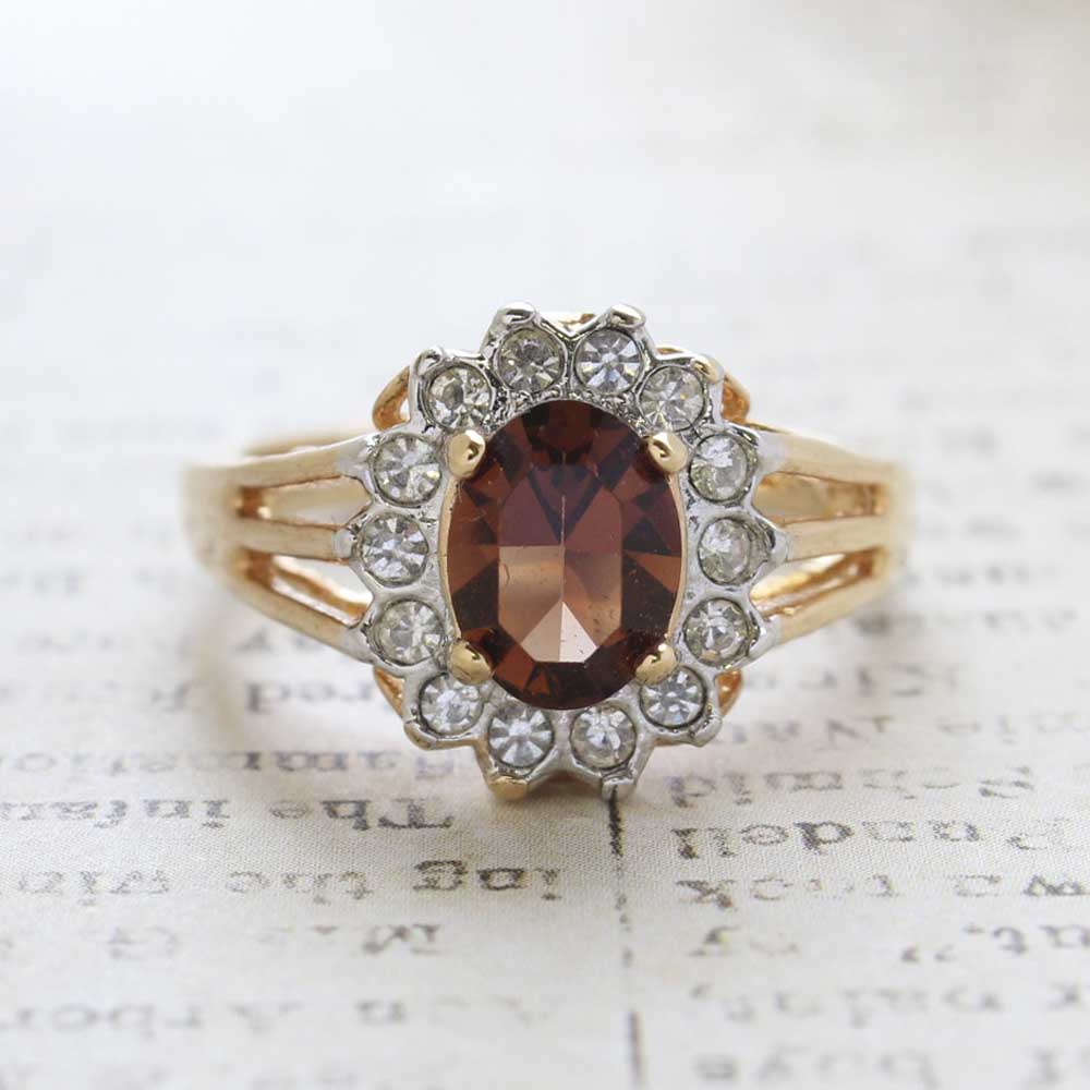 Vintage Smoky Topaz Austrian Crystal Ring - Clear Austrian Crystals - 18k Yellow Gold Electroplated - November Birthstone - Made in USA