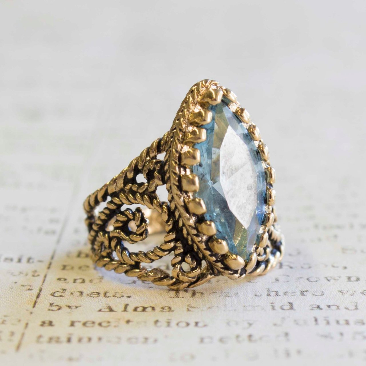 Vintage Filigree Ring Aquamarine Austrian Crystal Antiqued 18k Yellow Gold Electroplated