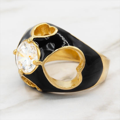 Unique and fun Vintage Ring 1980s Black Enamel Ring with 1 ct Cubic Zirconia Heart Cutouts Antique 18k Gold Electroplated Dome Womens Ring