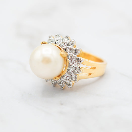 Vintage Ring 1970s Pearl Bead and Austrian Crystal Ring 18k Gold Limited Stock - Never Worn Women's Antique Jewelry