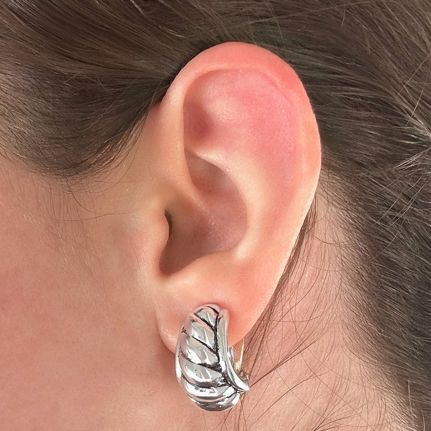 Womens Vintage Oscar de la Renta Clip Earrings Weave Silver Jewelry Hoop Earring Handmade Antique Made in USA Antique Designer Antique