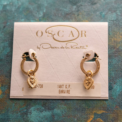 Vintage Oscar De La Renta Antiqued Gold Tone Textured Hoops with Removable Dangling Heart Charms Earrings #OSE-22102-PY