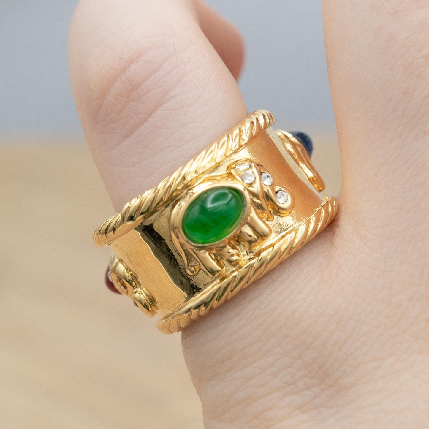 Vintage 1970s 18kt Gold Electroplated Womens Ring Ruby, Sapphire & Emerald Glass Cabochon Handmade Womens Antique Gold Band Birthstone Rings