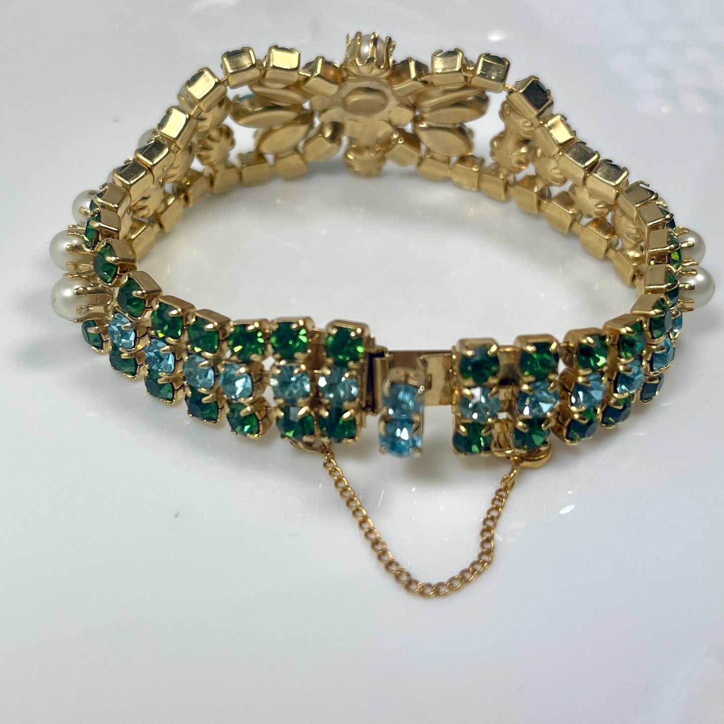 Unique Vintage Bracelet and Pin Brooch Set Pearl Beads and Crystal Stones 1950s Gold Plated Women's Mid Century Jewelry Only ONE